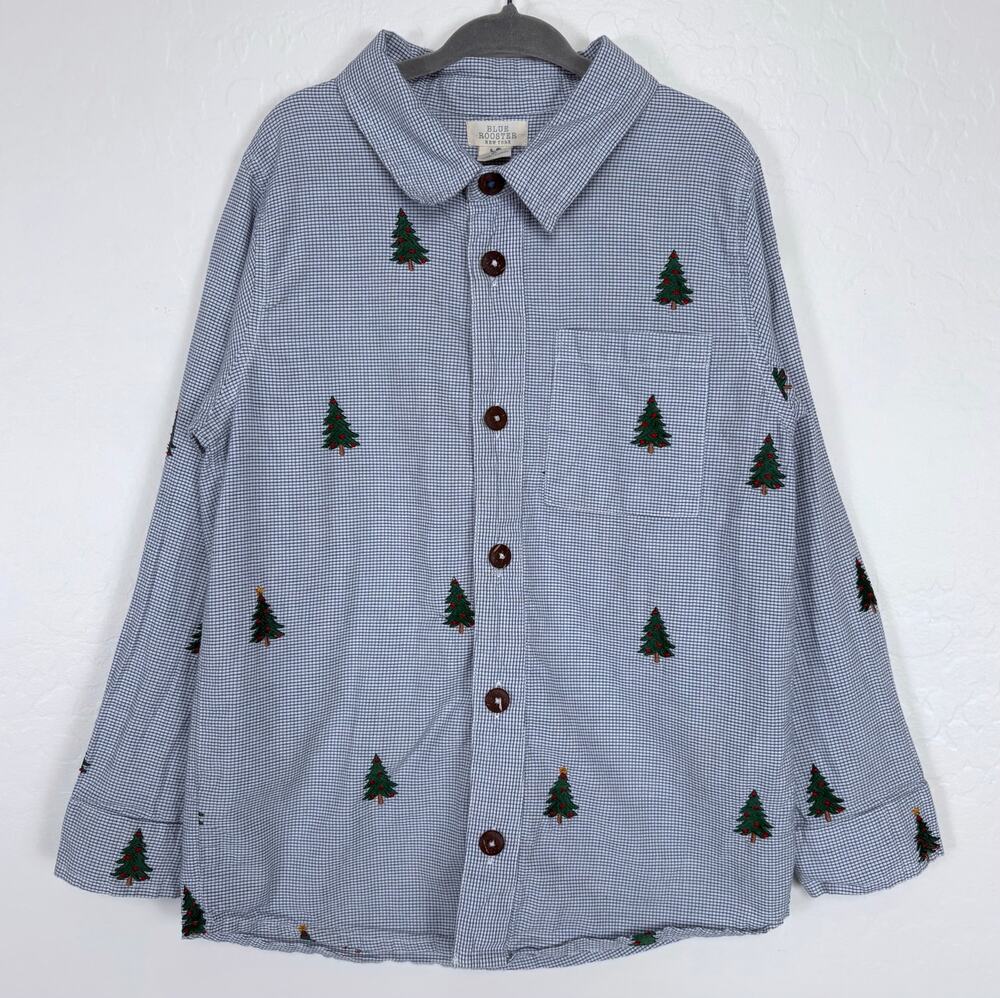 Blue Rooster Christmas Tree Embroidered Button Down Shirt Boys Size 8